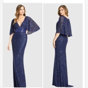 NWT Mac Duggal 4808 Navy Sequined Cape Short Sleeve Long Dress Sz 14